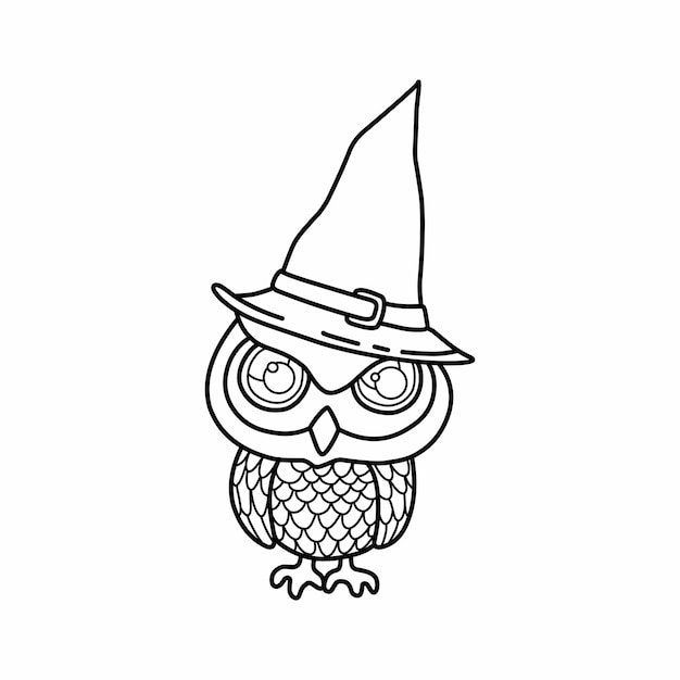 Premium vector a black and white illustration of a witch owl wearing a hat