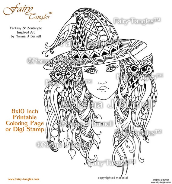 Miss witch printable fairy tangles coloring book pages coloring sheets by norma j burnell halloween coloring sheets witch and owl to color