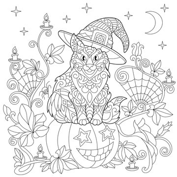 Halloween coloring page cat in a hat halloween pumpkin spider web lanterns with candles moon and stars freehand sketch drawing for adult antistress coloring book in zentangle style vector