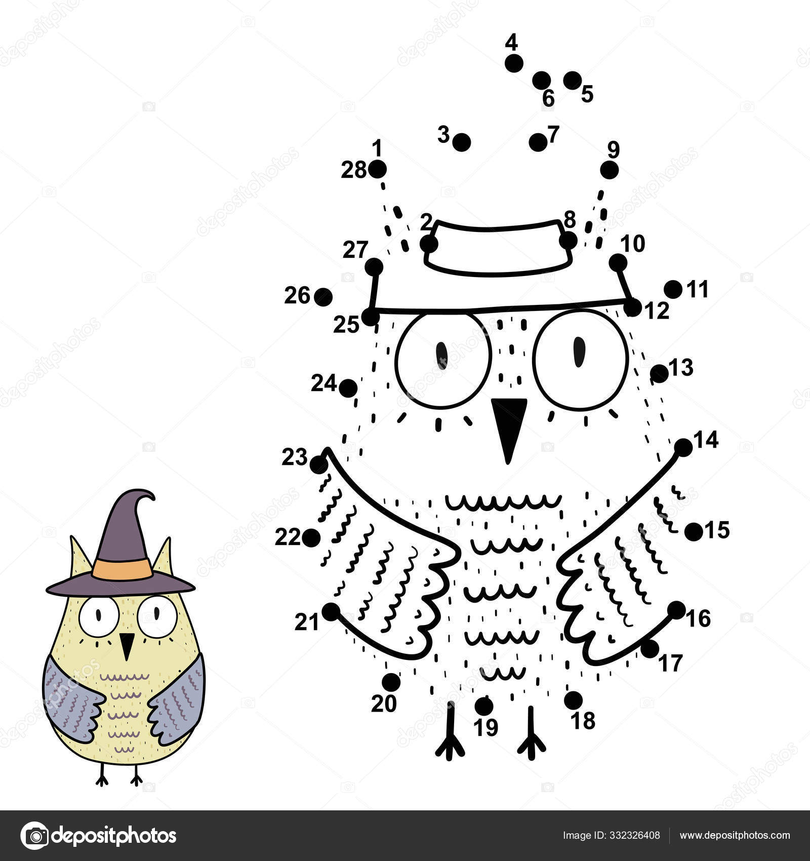 Connect the numbers and draw a funny owl in the witch hat stock vector by juliyas