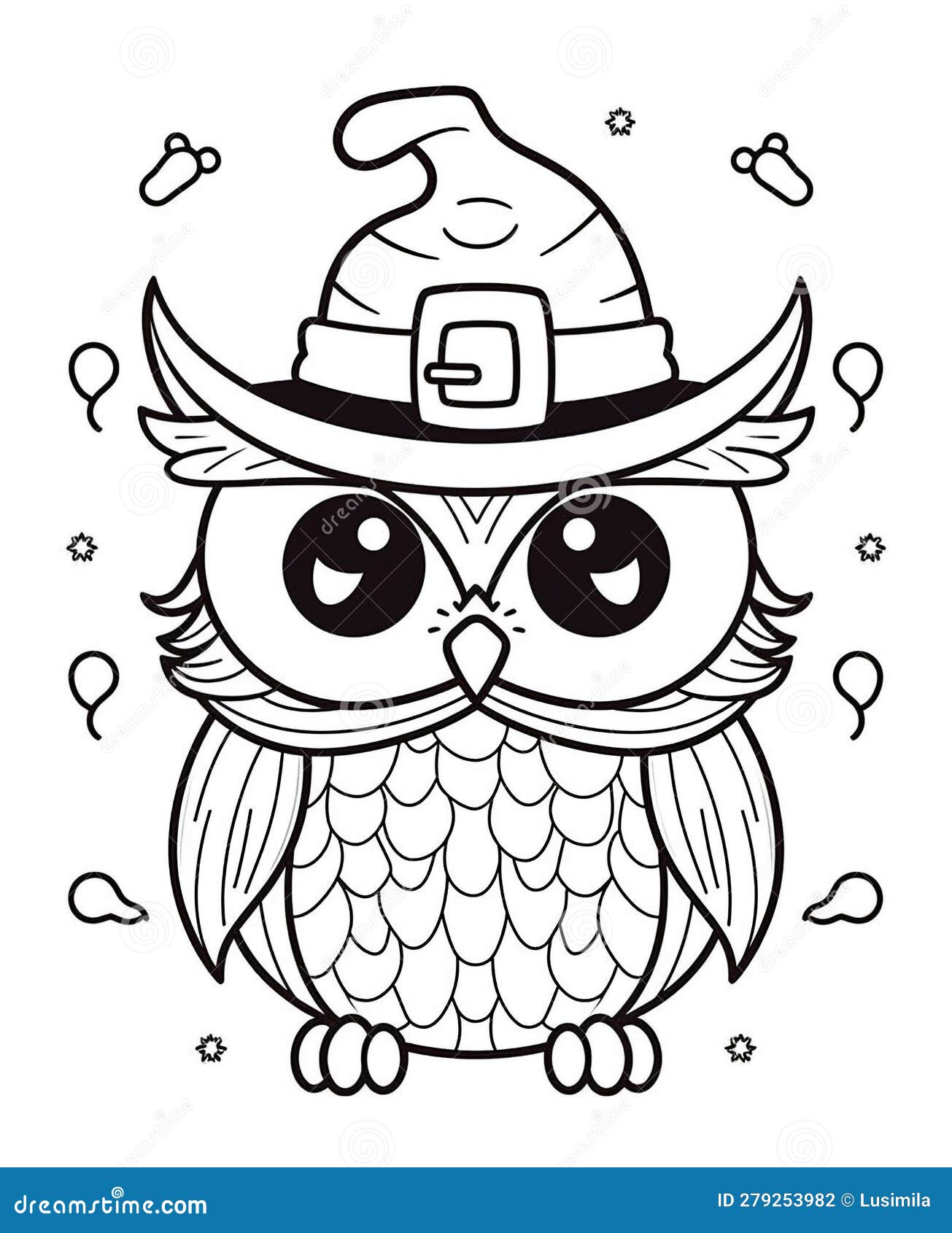 Owl wearing witch hat outline design generative ai stock illustration