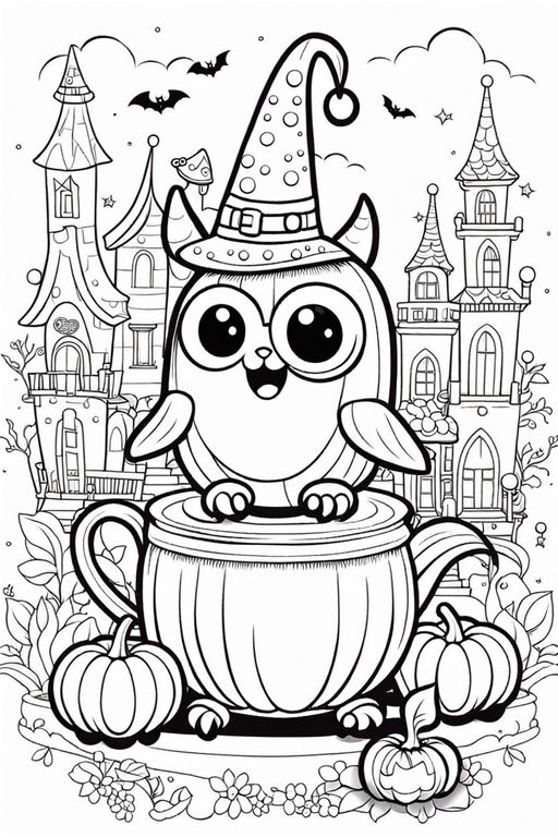 Coloring pages of a cute kawaii cat wearing witch hat