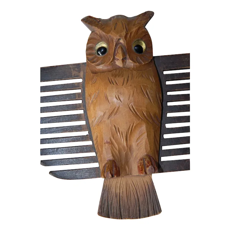 Rare vintage black forest carved wood owl tie wall rack