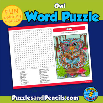 Owl word search puzzle and coloring activity page by puzzles and pencils