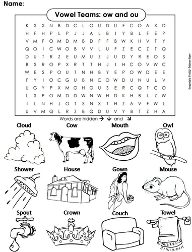 Ow and ou vowel team phonics word search coloring sheet teaching resources