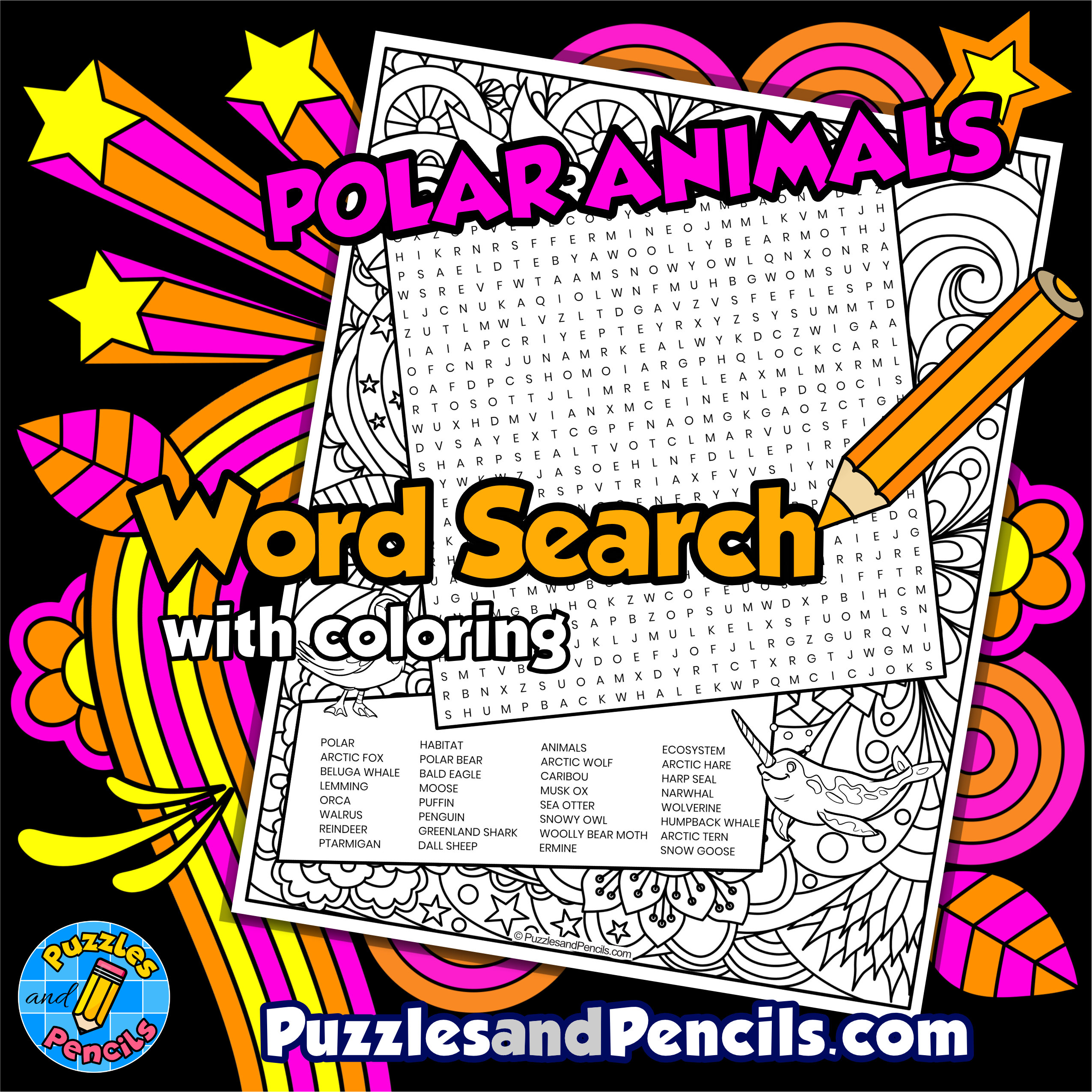 Polar animals word search puzzle with coloring polar habitat wordsearch made by teachers