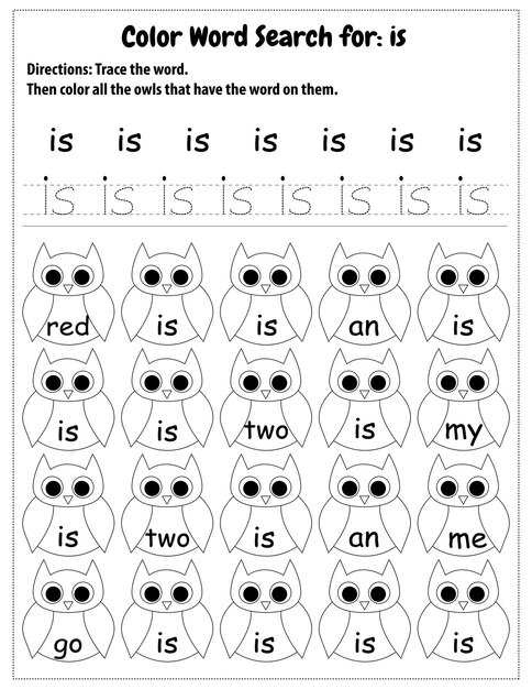 Premium vector sight words search educational worksheet for preschool and primary school learning coloring pages