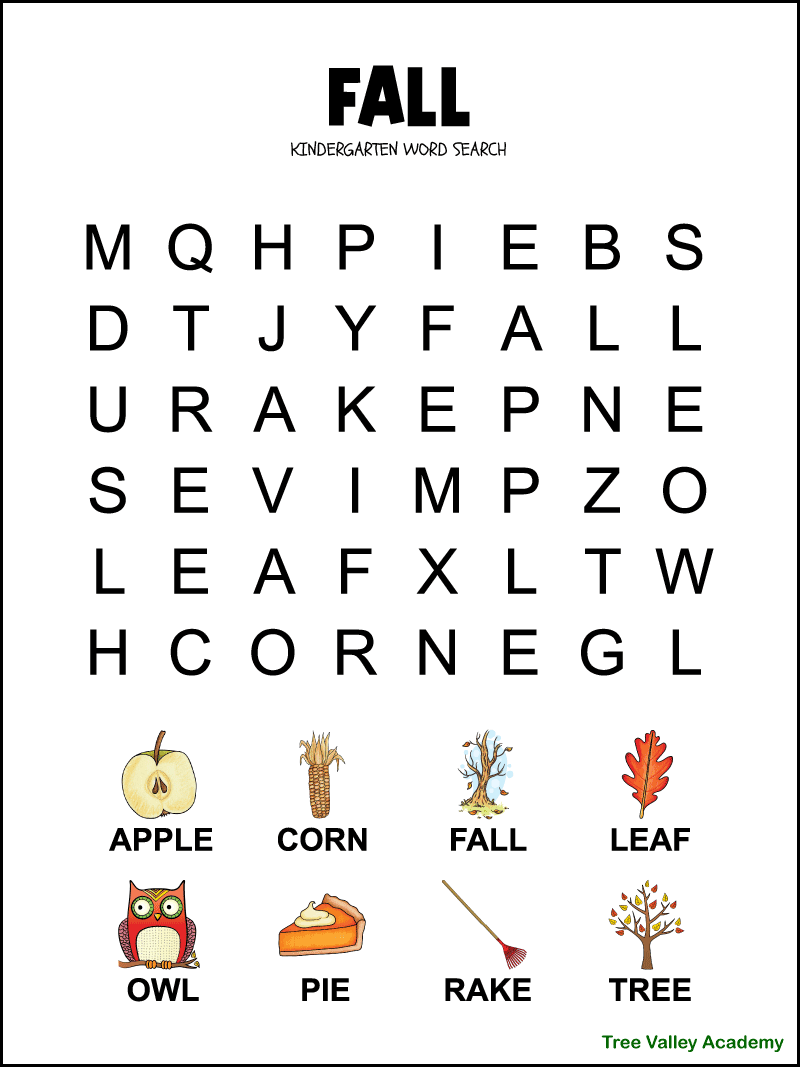 Fall word search for kindergarten