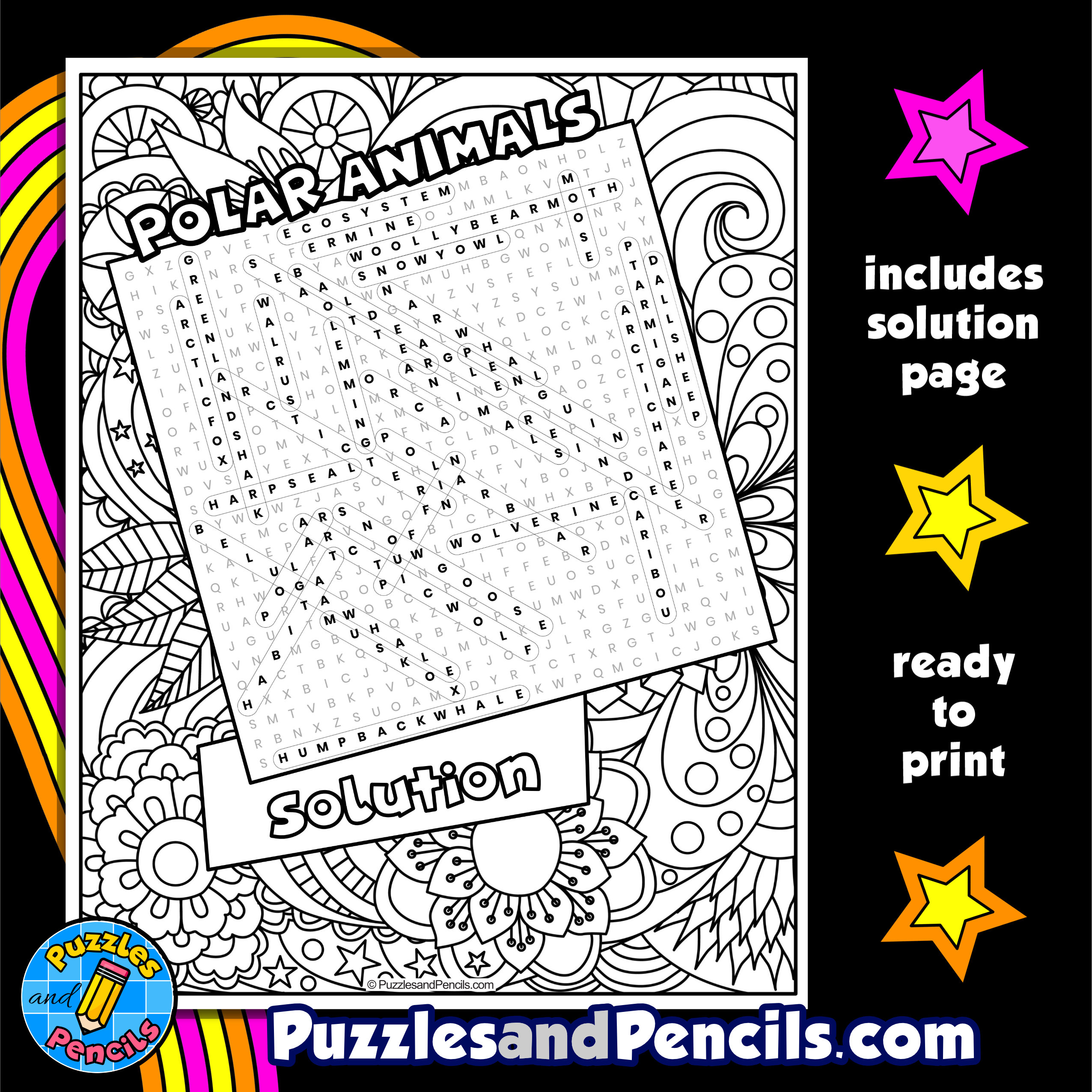 Polar animals word search puzzle with coloring polar habitat wordsearch made by teachers