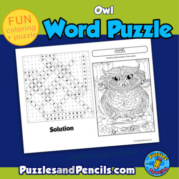 Owl word search puzzle and coloring activity page by puzzles and pencils