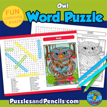 Owl word search puzzle and coloring activity page by puzzles and pencils