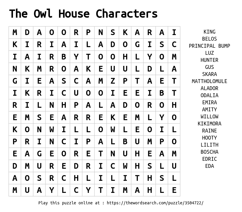 The owl house characters word search