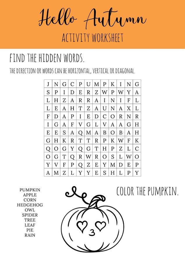 Hello autumn word search puzzle for children coloring page pumpkin crossword game stock vector