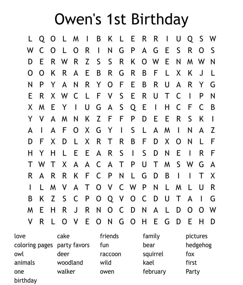 Owens st birthday word search