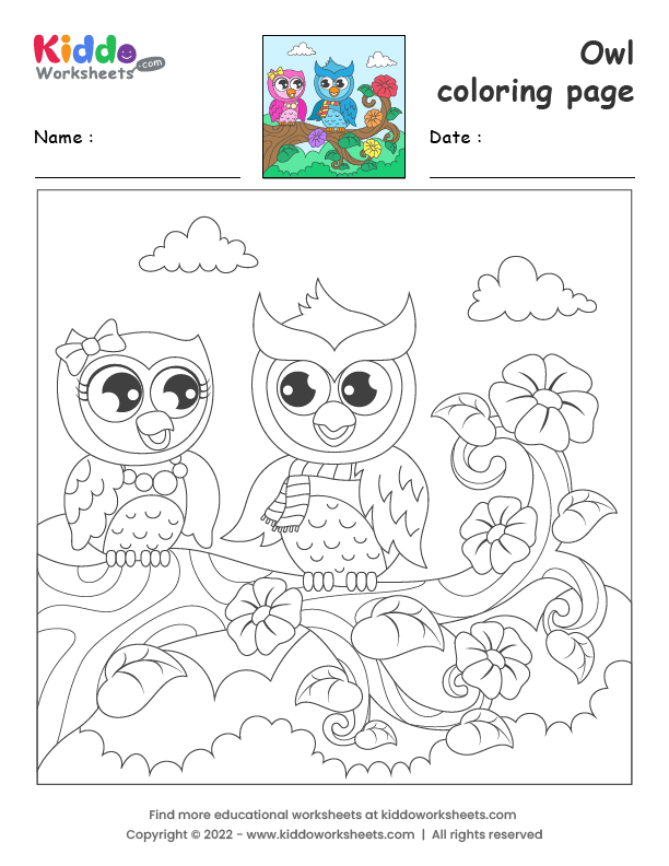 Free printable owl coloring page worksheet