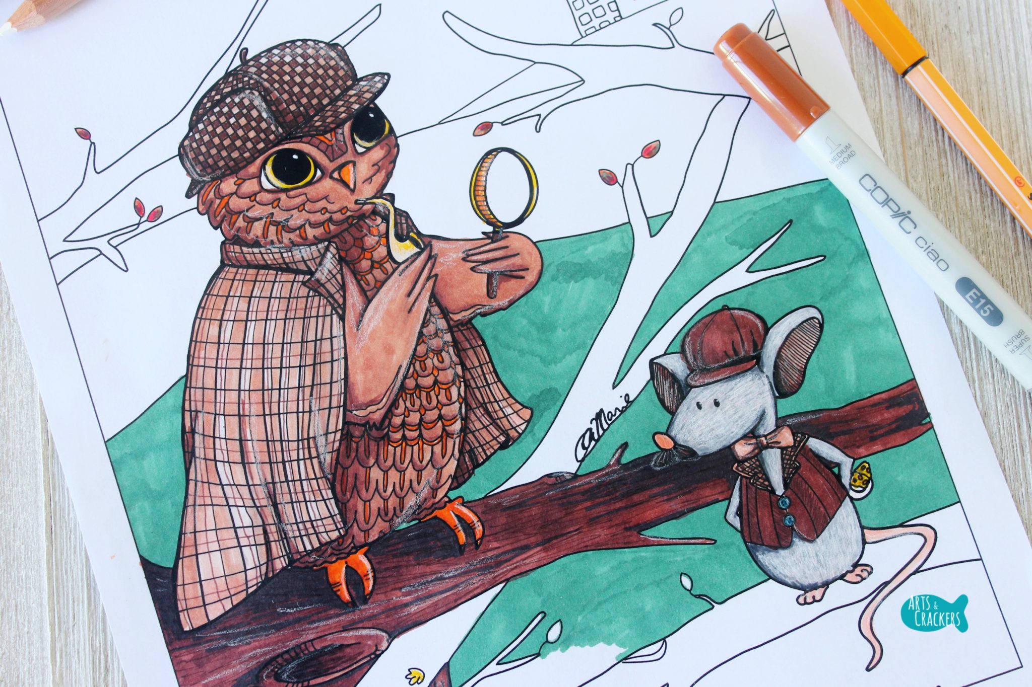 Whooodunnit sherlock holmes owl coloring page