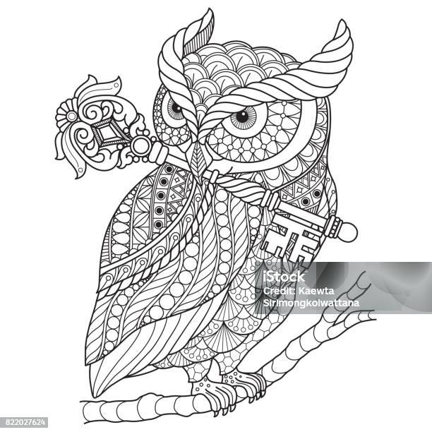 Hand drawn owl and wand for adult coloring page stock illustration