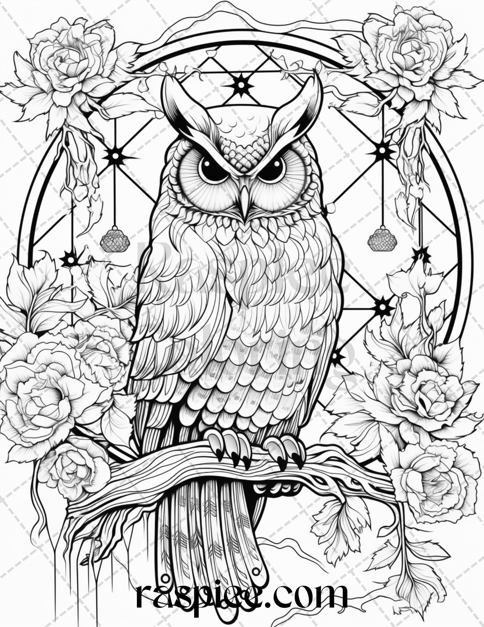 Floral owl grayscale printable coloring pages for adults pdf file â coloring