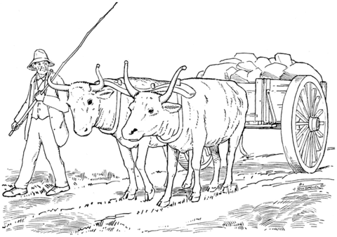 Yoked oxen pulling cart coloring page free printable coloring pages