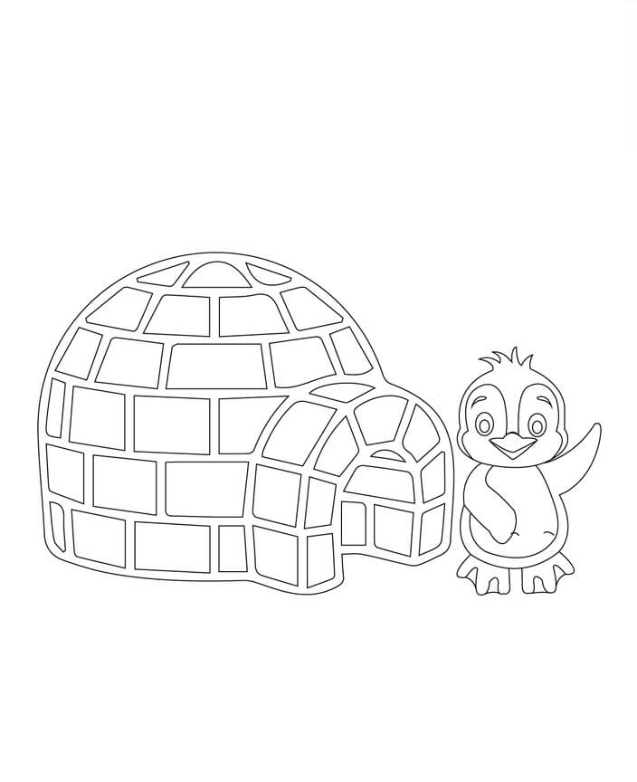 Igloo and smiling penguin coloring page