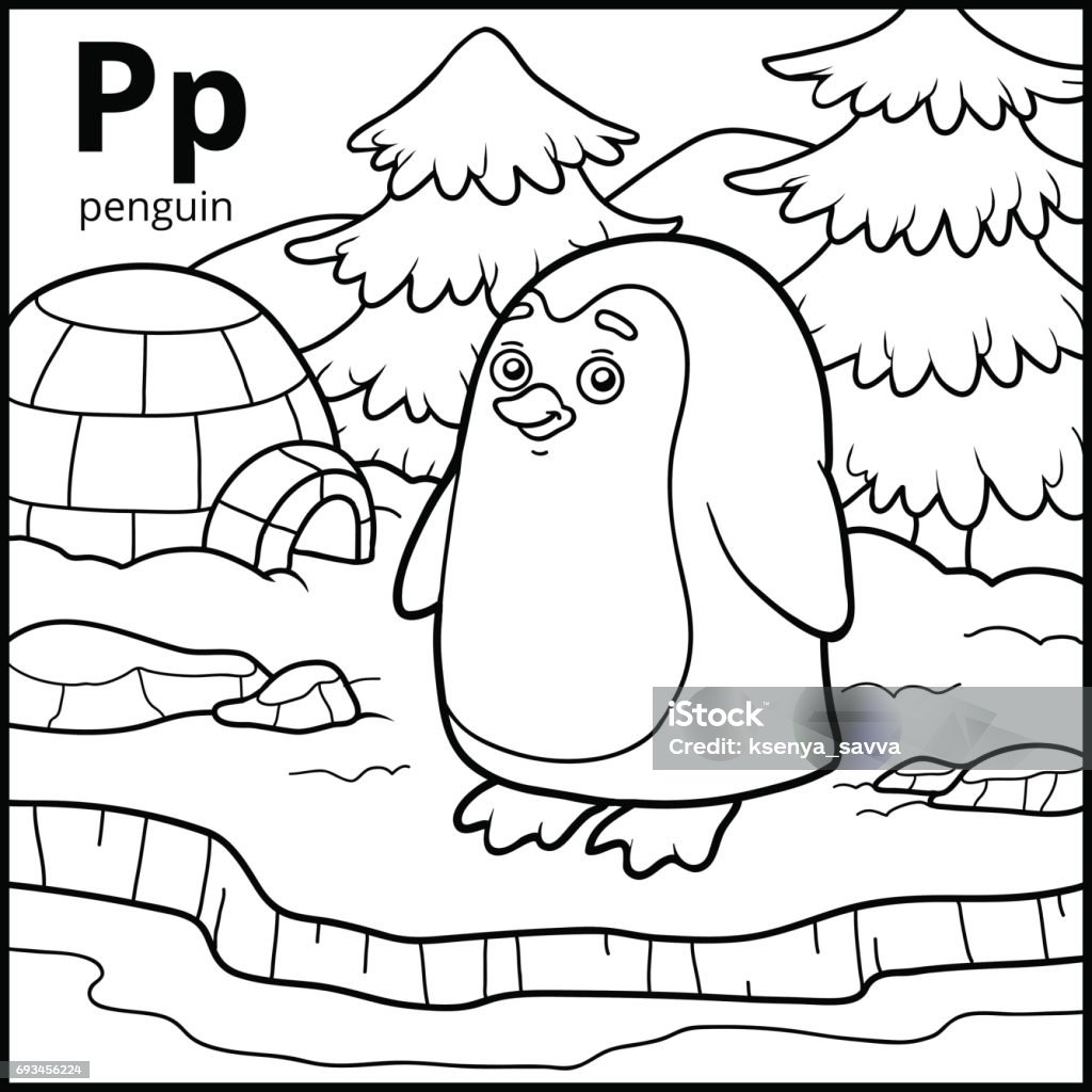 Coloring book colorless alphabet letter p penguin stock illustration