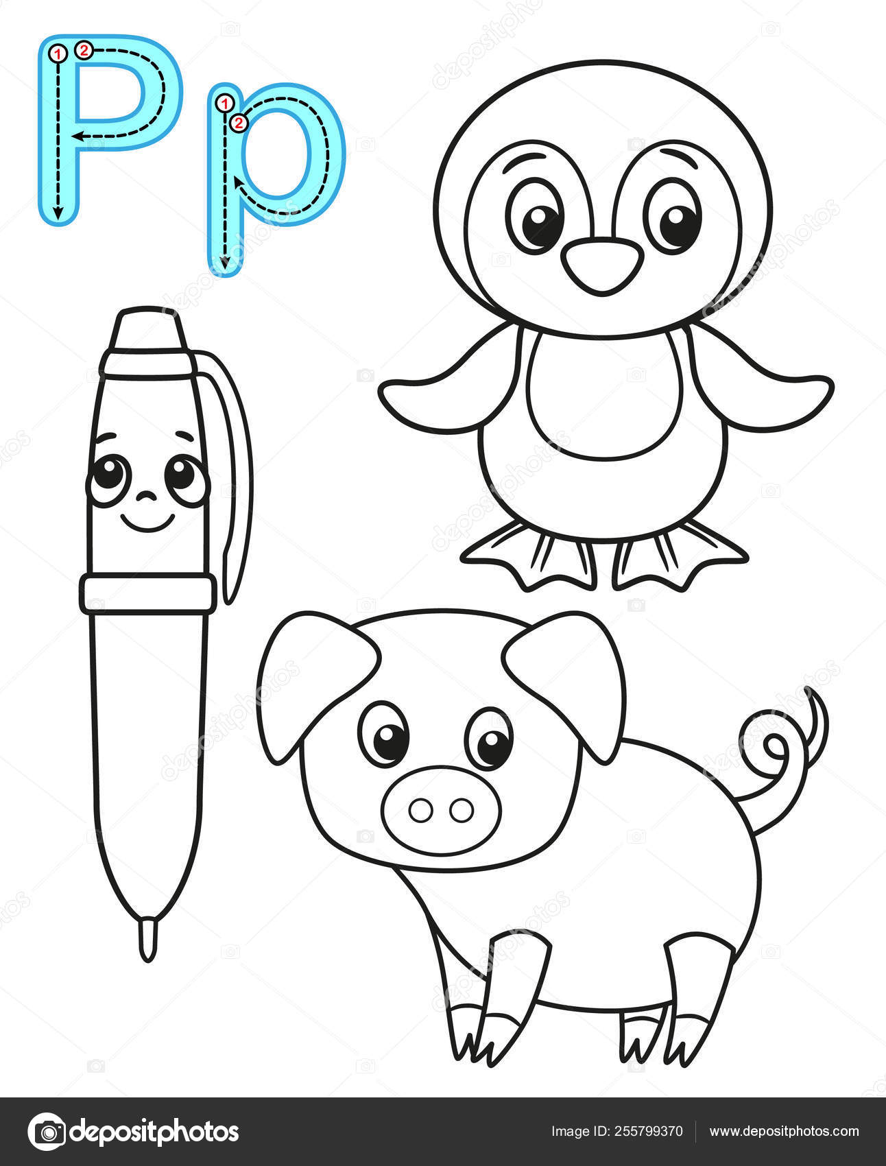 Printable coloring page for kindergarten and preschool card for study english vector coloring book alphabet letter p pen penguin pig stock vector by natasha