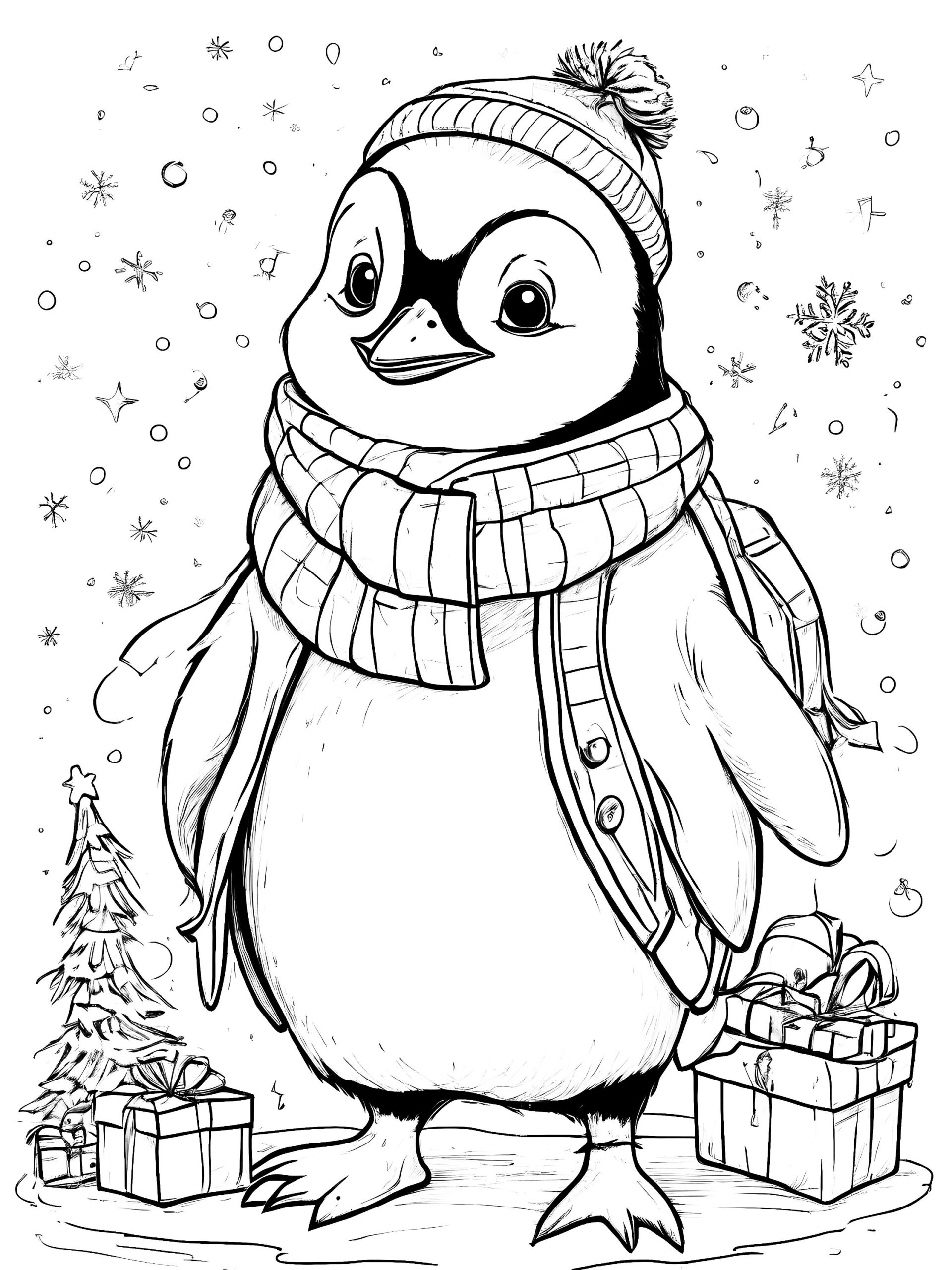 Christmas penguin coloring page with gifts