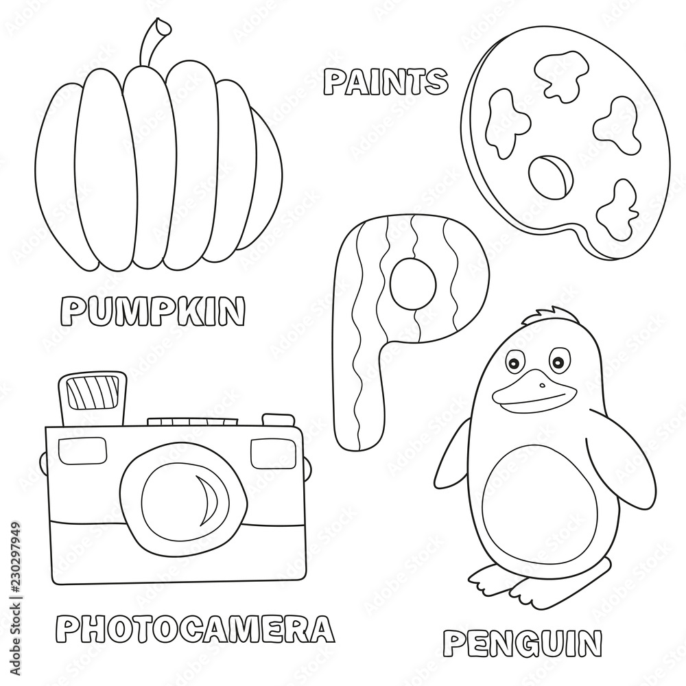 Kids alphabet coloring book page with outlined clip arts letter p