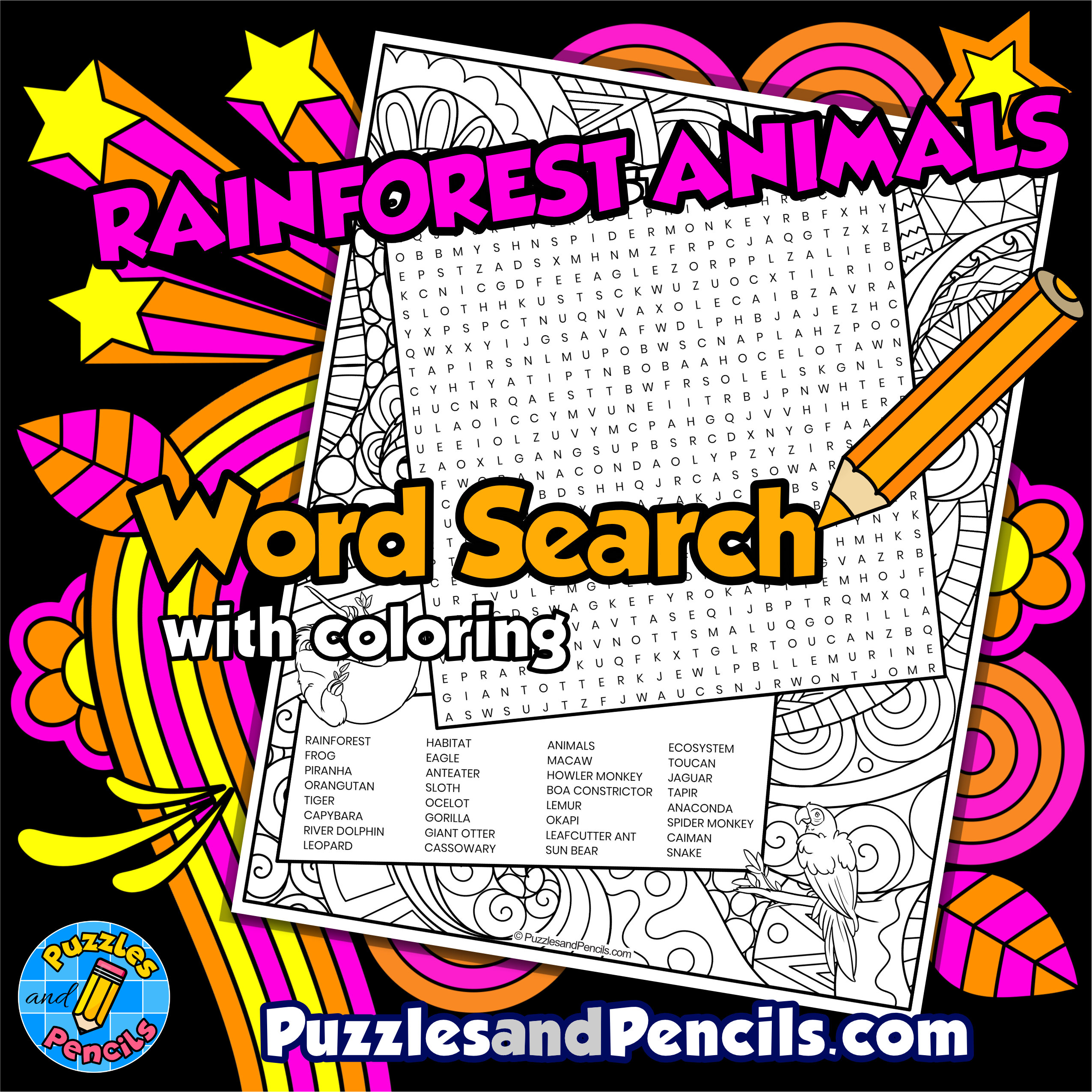 Rainforest animals word search puzzle with coloring rainforest habitat wordsearch made by teachers