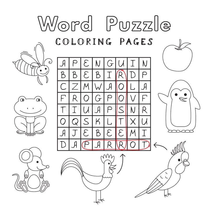 Funny animals coloring book word puzzle stock vector