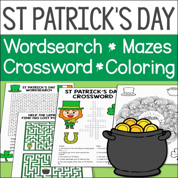 St patricks day activities for kids word search crossword puzzle coloring pages and mazes for kids printable pdf worksheets