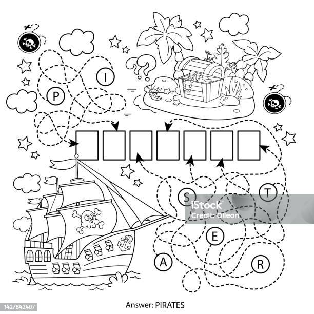 Maze or labyrinth game puzzle coloring page outline of cartoon pirate ship with treasure island coloring book for kids stock illustration