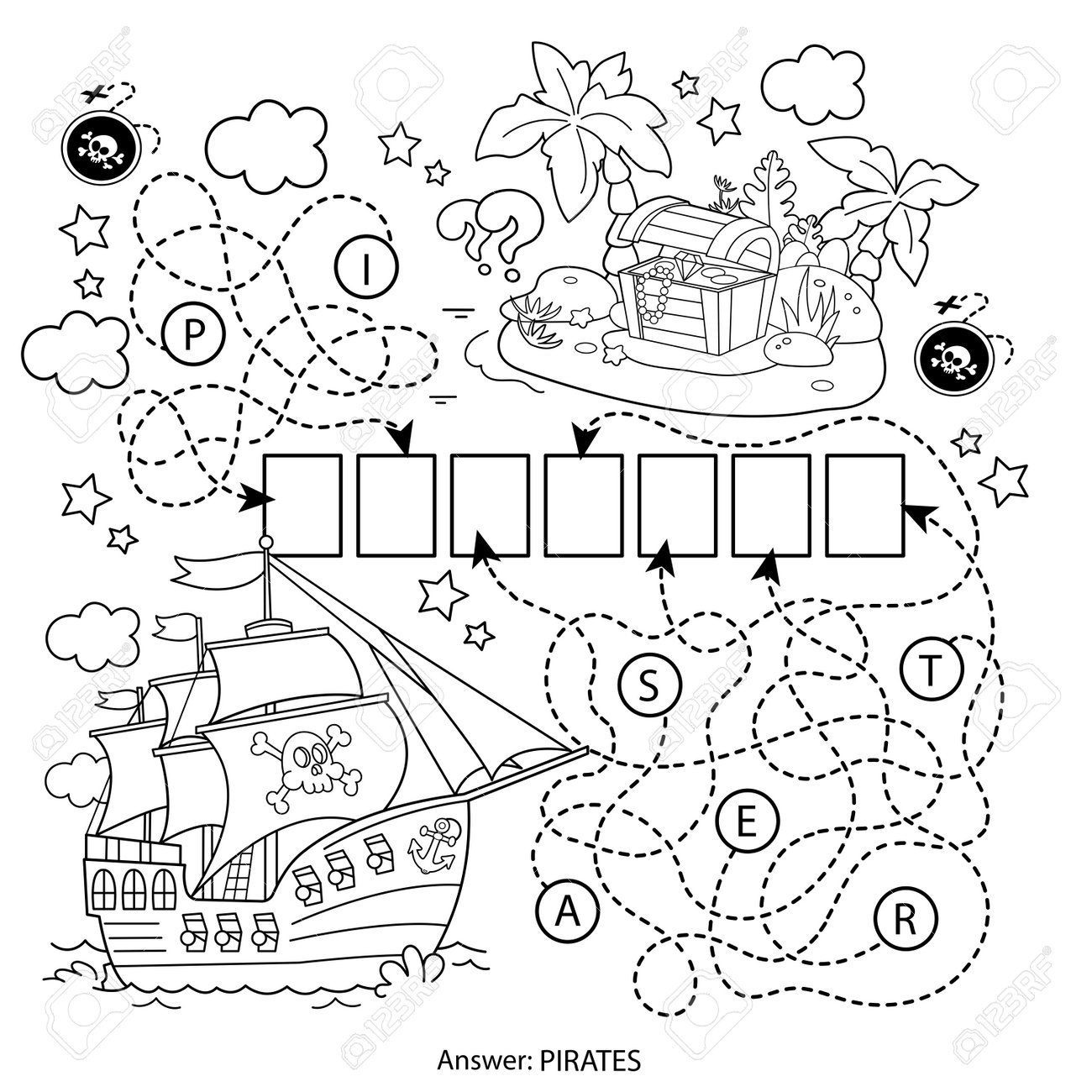 Maze or labyrinth game puzzle coloring page outline of cartoon pirate ship with treasure island coloring book for kids royalty free svg cliparts vectors and stock illustration image