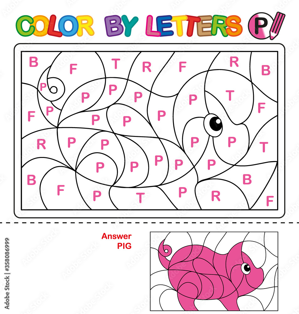 Abc coloring book for children color by letters learning the capital letters of the alphabet puzzle for children letter p pig vector