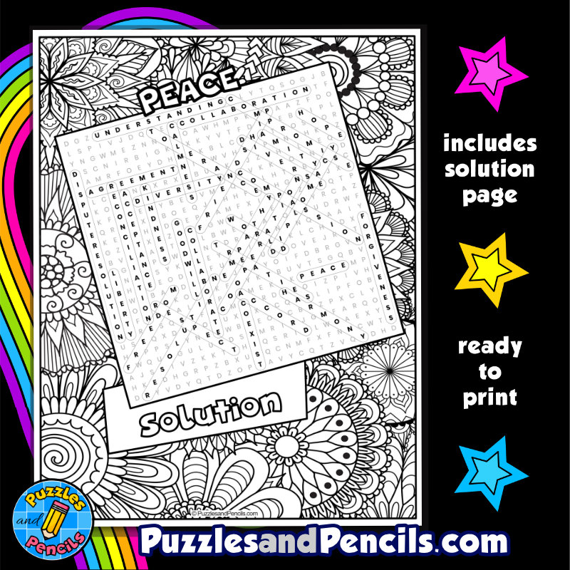 Peace word search puzzle activity page with coloring made by teachers