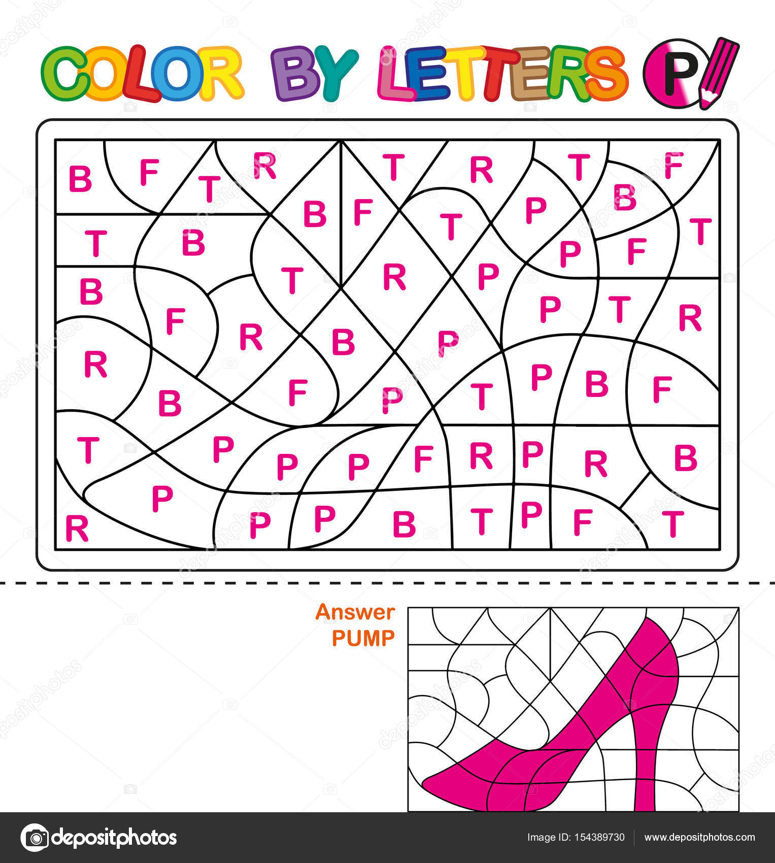 Abc coloring book for children color by letters learning the capital letters of the alphabet puzzle for children letter p pump preschool education stock vector by natasha