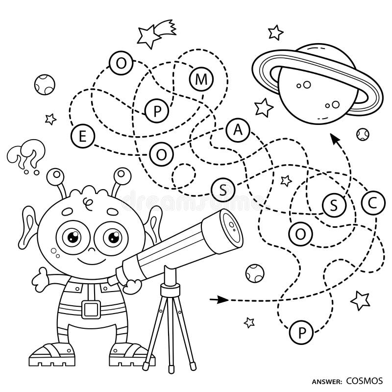 Maze or labyrinth game puzzle tangled road coloring page outline of cartoon alien with telescope space coloring book for kids stock vector