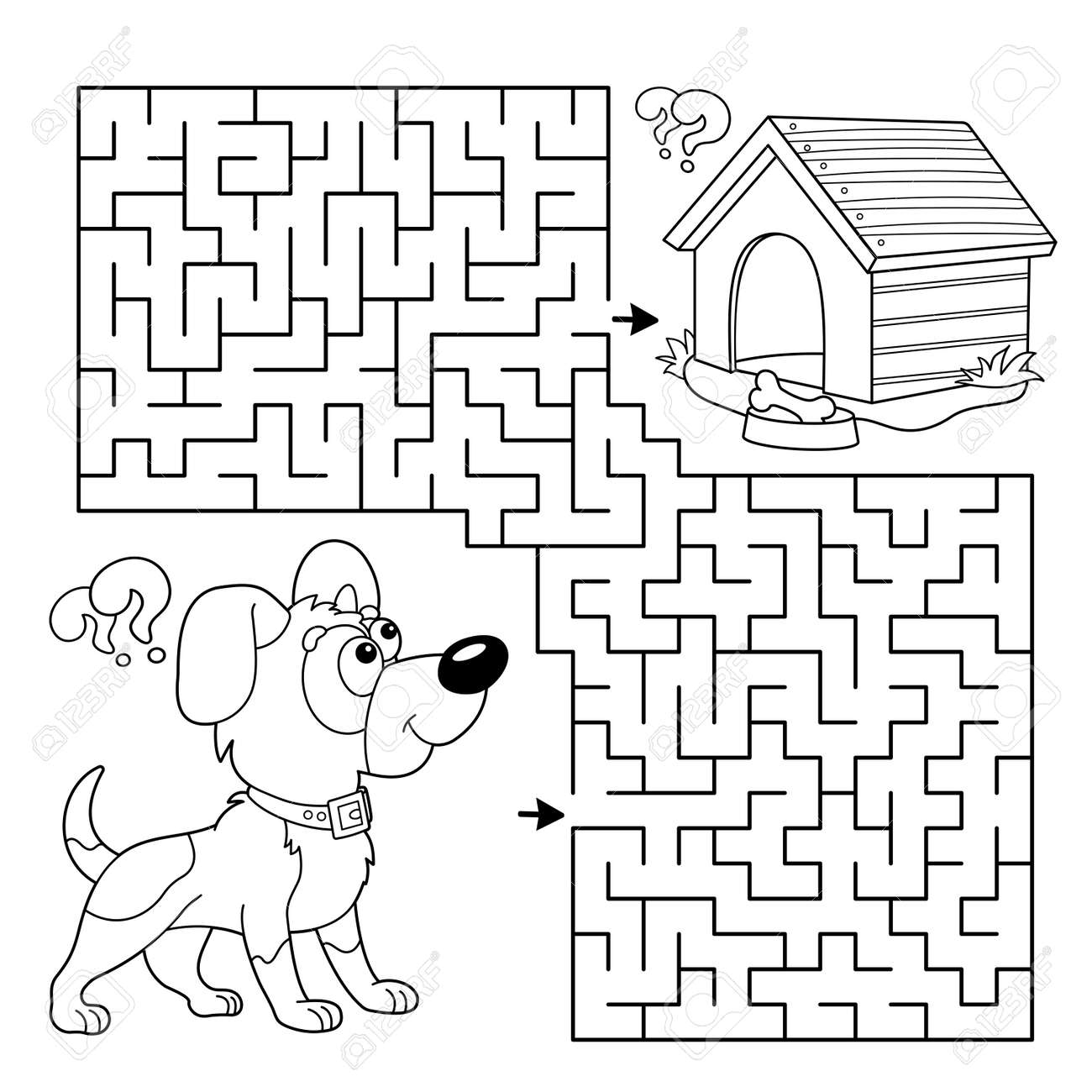 Maze or labyrinth game puzzle coloring page outline of cartoon little dog with doghouse or kennel coloring book for kids royalty free svg cliparts vectors and stock illustration image