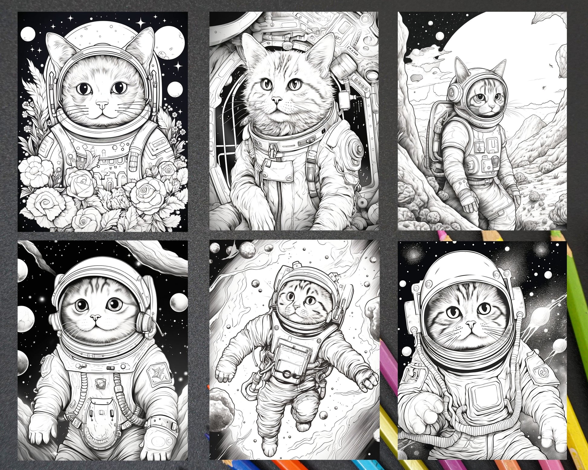 Cat astronaut grayscale coloring pages printable for adults kids p â coloring