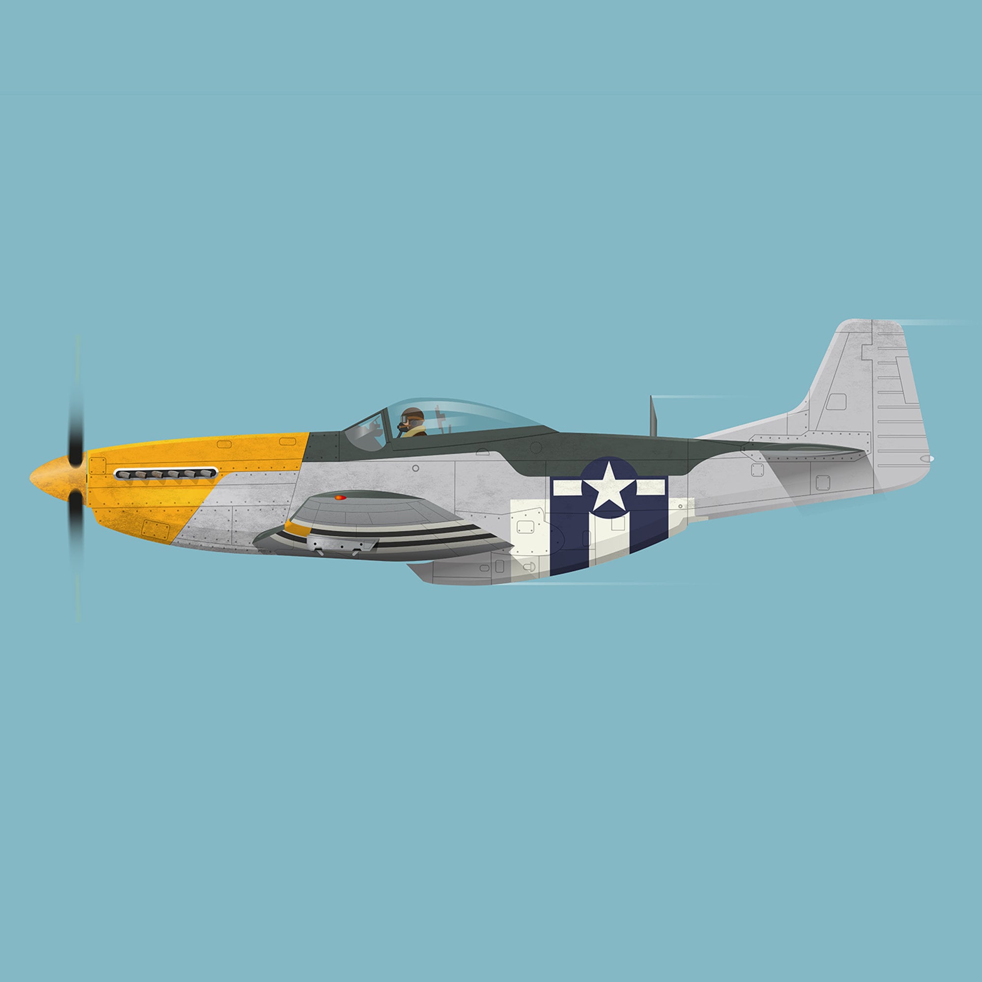 P mustang world war us air force fighter plane digital illustration print