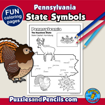 Pennsylvania symbols coloring pages with map and state flag state symbols