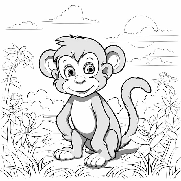 Premium ai image playful primate pal coloring page for kids with monkey cartoon style thick lines