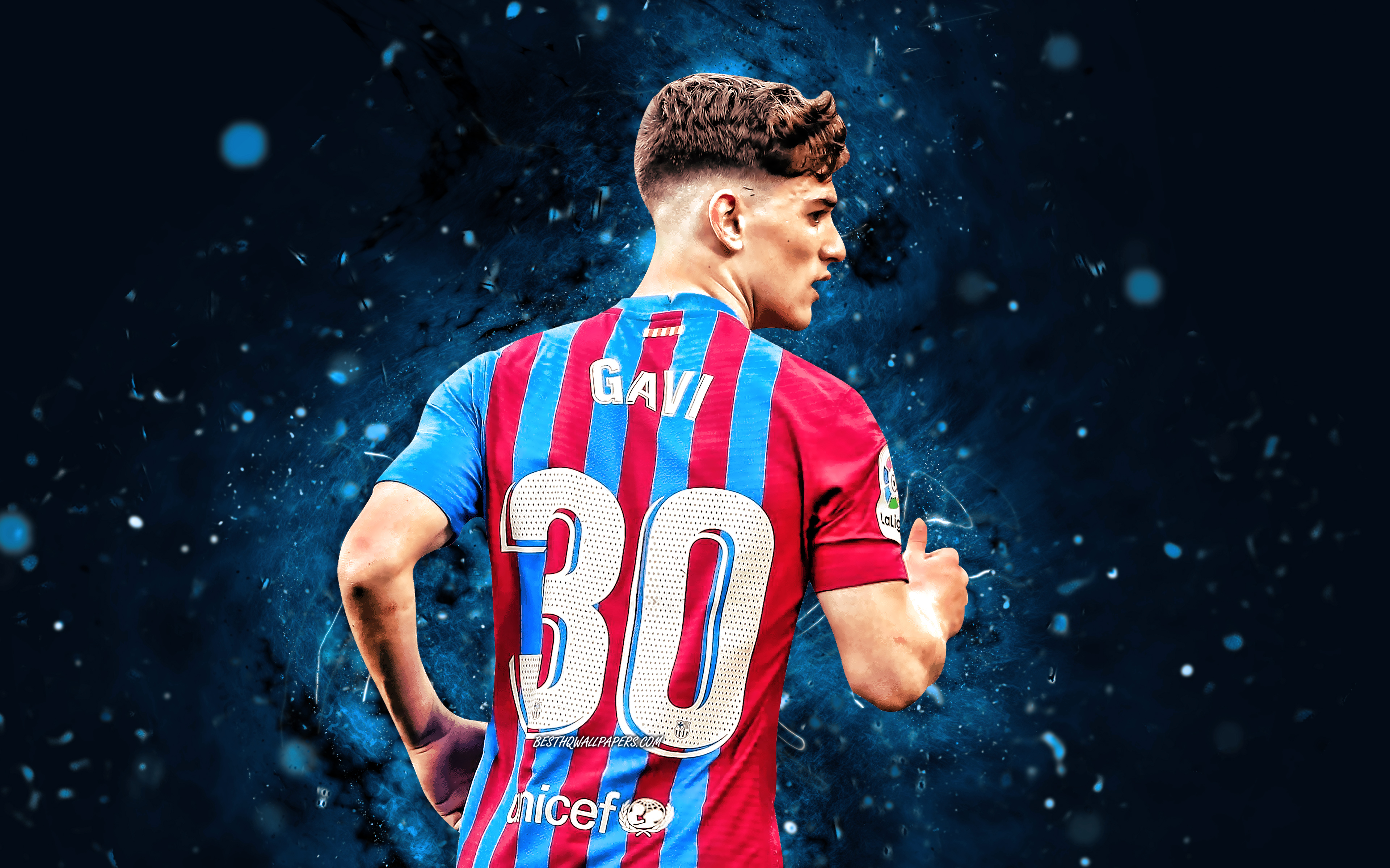 Download wallpapers k gavi back view barcelona fc blue neon lights laliga spanish footballers barca fc barcelona pablo martin paez gavira football gavi k soccer gavi barcelona la liga fcb for desktop