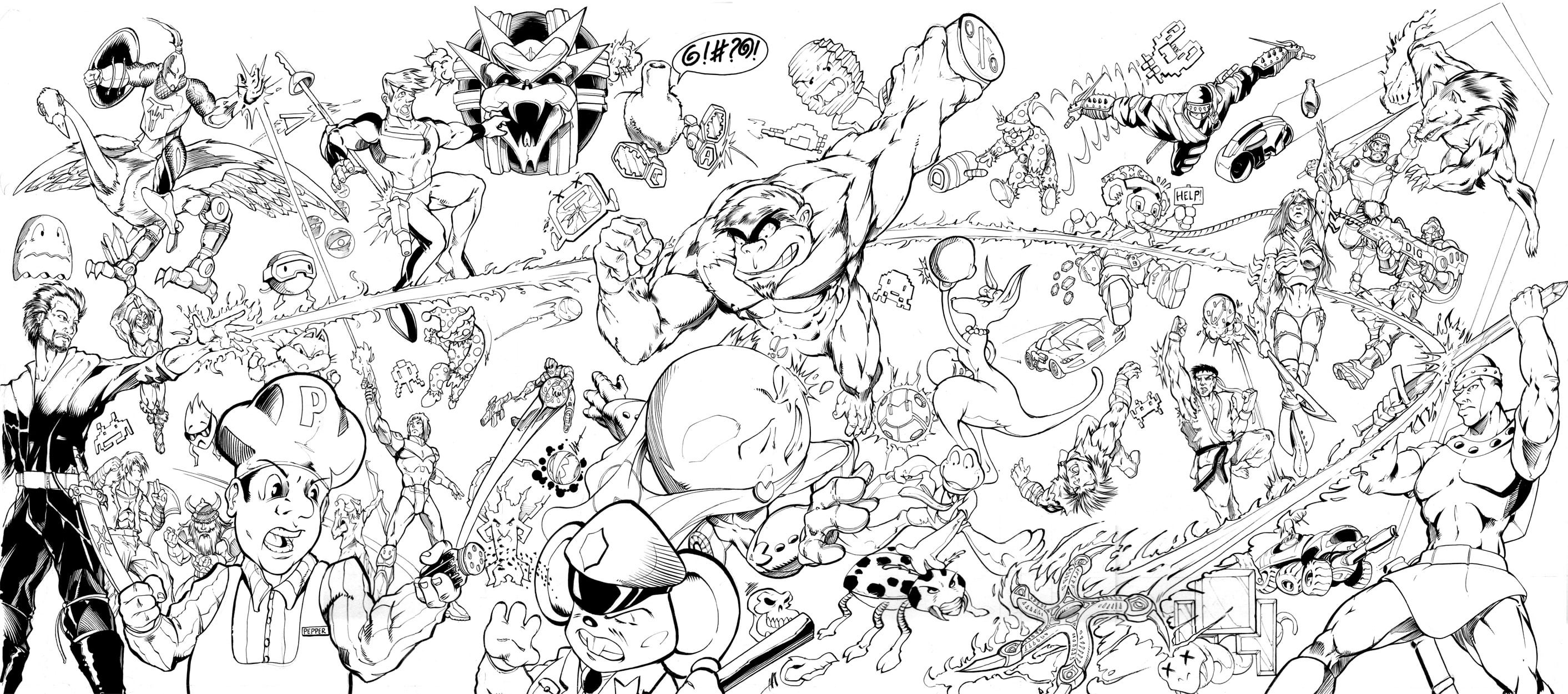 Can you help me identify some characters in this fanart i wanna color it but only know one or two rretrogaming