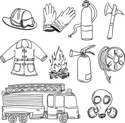 Fireman equipment in black and white stock illustration