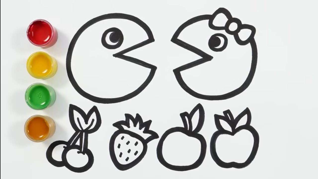 Pac mans eats fruits drawing painting and coloring for kids toddlers lets draw paint together