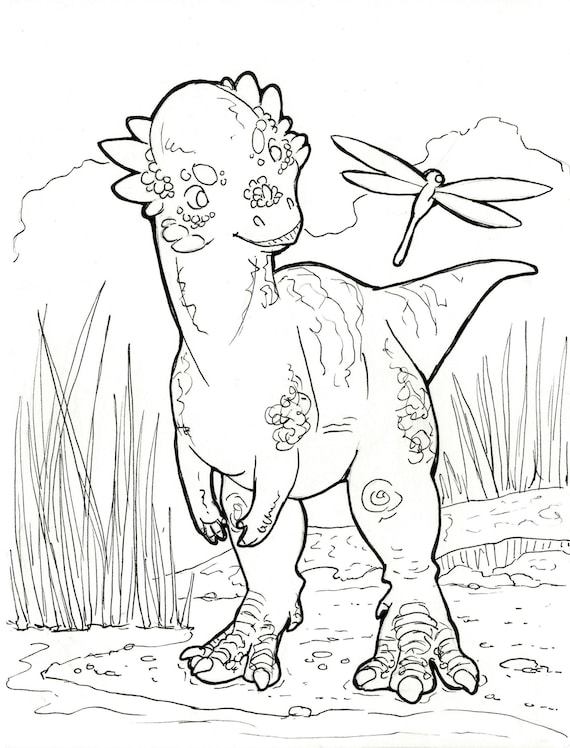 Dinosaur coloring page pachycephalosaurus printable unique hand drawn designs instant download