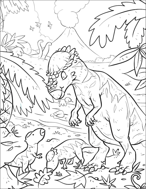 Premium vector prehistoric predatory dinosaur pachycephalosaurus and baby dinosaur coloring book and coloring page