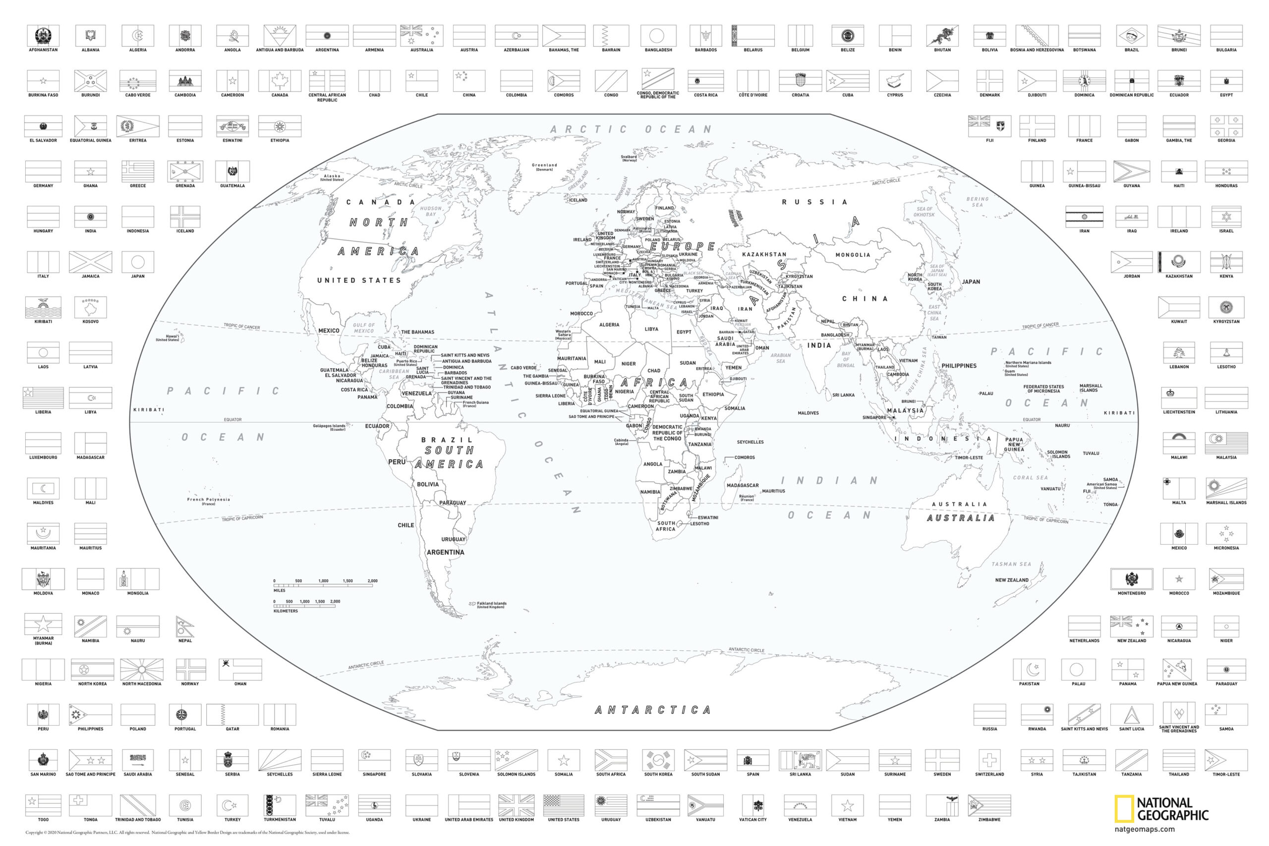 World coloring map with flags by national geographic