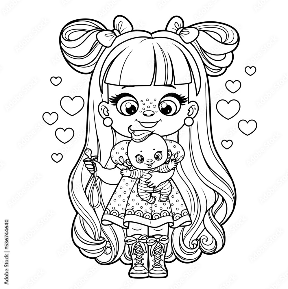 Cute cartoon long haired girl with baby doll and pacifier outlined for coloring page on a white background vector